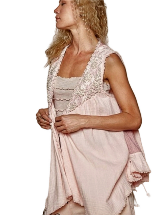 POL Tops - 🩷POL BLUSH PINK LACE GAUZE COTTON SLEEVLESS CARDIGAN TUNIC EMBELLISHED PEARLS
